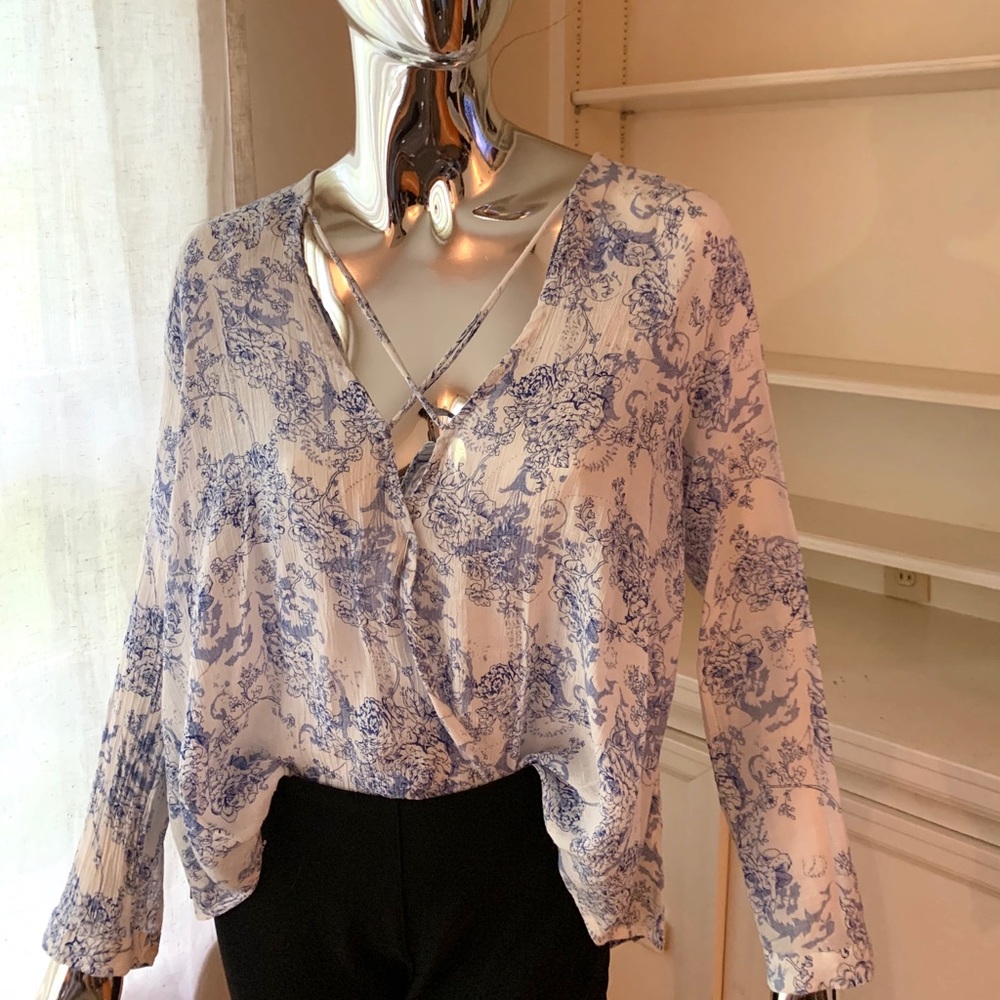 Floral white and blue long sleeve top